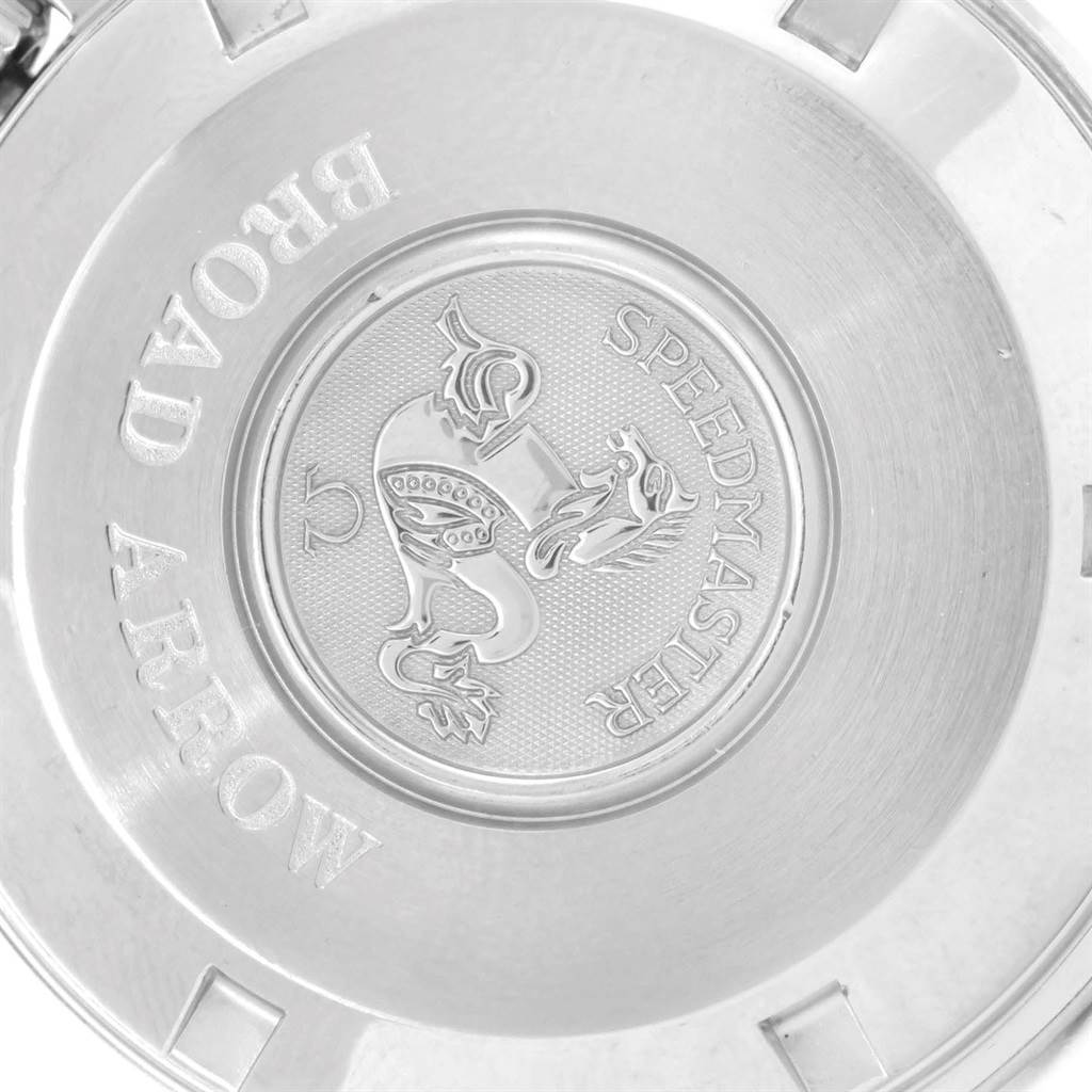 This image shows the back case of an Omega Speedmaster 3551.20.00 Men
s Stainless Steel White Dial 3551.20.00 Men
s Stainless Steel White Dial Broad Arrow watch with its engraved logo and text.