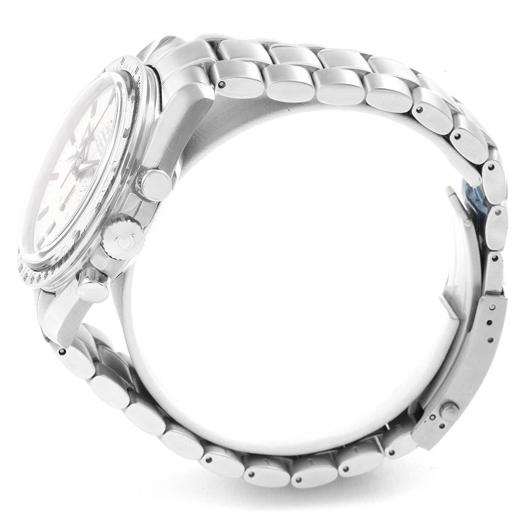 The image shows a side view of the Omega Speedmaster 3551.20.00 Men
s Stainless Steel White Dial 3551.20.00 Men
s Stainless Steel White Dial watch, focusing on the crown, pushers, and stainless steel bracelet.
