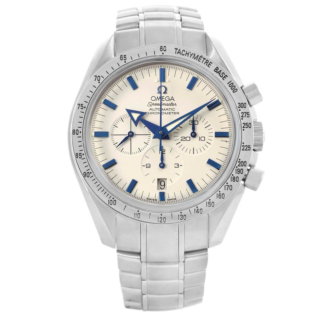 The Omega Speedmaster 3551.20.00 Men
s Stainless Steel White Dial 3551.20.00 Men
s Stainless Steel White Dial watch is shown from a front angle, displaying the face, bezel, chronograph dials, and bracelet.