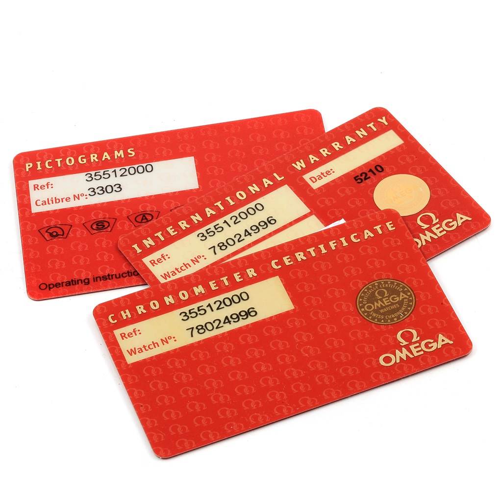 The image shows the International Warranty, Chronometer Certificate, and Pictograms cards for the Omega Speedmaster 3551.20.00 Men
s Stainless Steel White Dial 3551.20.00 Men
s Stainless Steel White Dial watch.