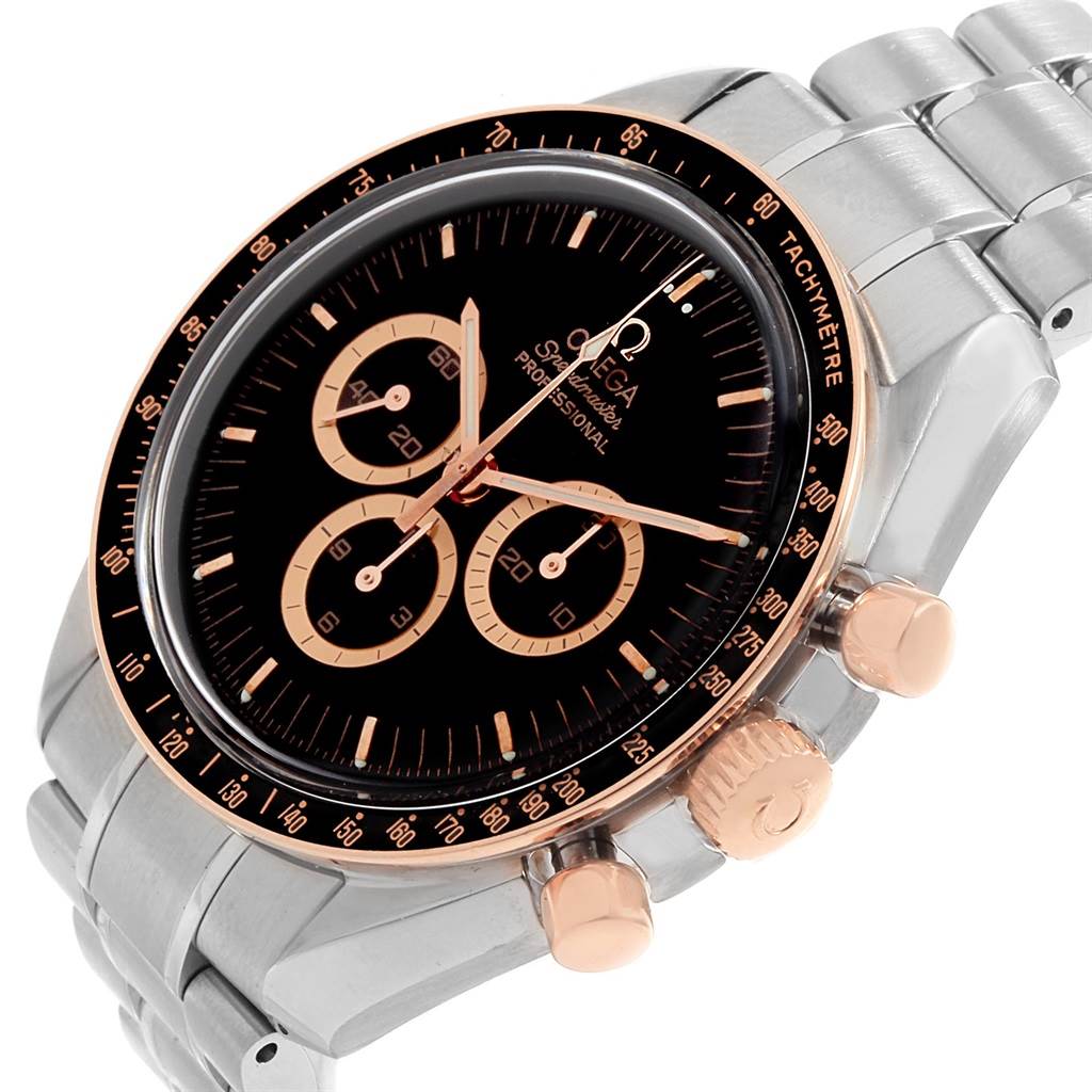 The image shows an angled view of the Omega Speedmaster 3566.51.00 Men's Steel and Gold (two tone) Black Dial 3566.51.00 Men's Steel and Gold (two tone) Black Dial watch, highlighting the dial, crown, and chronograph pushers.
