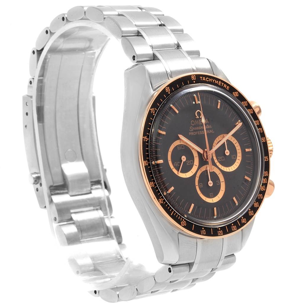 The image shows an Omega Speedmaster 3566.51.00 Men's Steel and Gold (two tone) Black Dial 3566.51.00 Men's Steel and Gold (two tone) Black Dial watch angled from the front-left, highlighting its dial, bezel, crown, and metal bracelet.