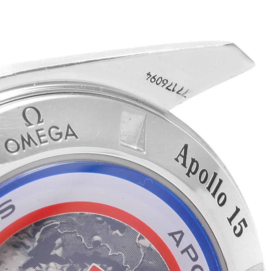 This close-up shows the bezel, part of the dial, and a lug of the Omega Speedmaster 3566.51.00 Men's Steel and Gold (two tone) Black Dial 3566.51.00 Men's Steel and Gold (two tone) Black Dial Apollo 15 watch.