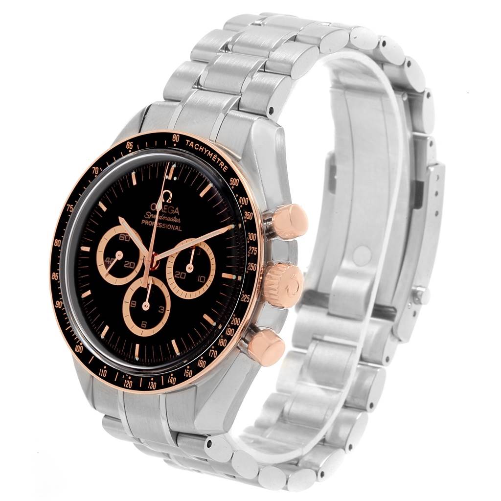 The Omega Speedmaster 3566.51.00 Men's Steel and Gold (two tone) Black Dial 3566.51.00 Men's Steel and Gold (two tone) Black Dial watch is shown at a three-quarter angle highlighting its face, bezel, crown, and stainless steel bracelet.