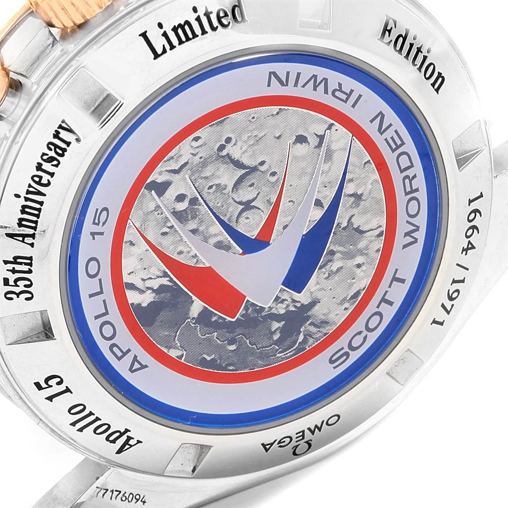 This image shows the case back of an Omega Speedmaster 3566.51.00 Men's Steel and Gold (two tone) Black Dial 3566.51.00 Men's Steel and Gold (two tone) Black Dial, featuring a limited edition Apollo 15 35th Anniversary design.