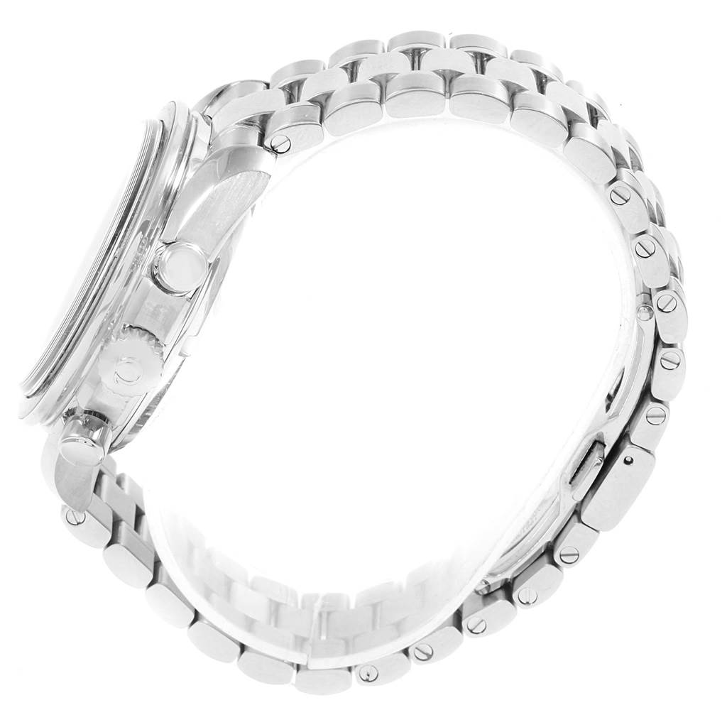 This image shows a side view of the Omega Speedmaster 324.30.38.40.06.001 Men
s Stainless Steel Grey Dial 324.30.38.40.06.001 Men
s Stainless Steel Grey Dial watch, highlighting its stainless steel case and bracelet.