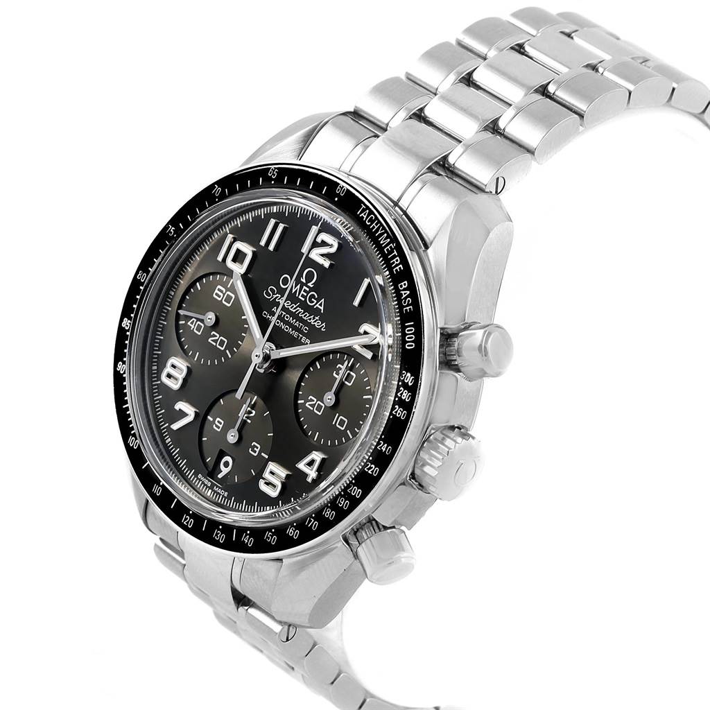 This image displays an Omega Speedmaster 324.30.38.40.06.001 Men
s Stainless Steel Grey Dial 324.30.38.40.06.001 Men
s Stainless Steel Grey Dial watch at a side angle, highlighting its dial, bezel, crown, pushers, and bracelet.
