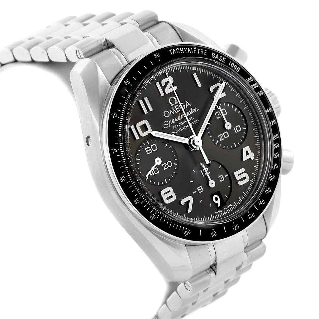 The image shows an angled view of an Omega Speedmaster 324.30.38.40.06.001 Men
s Stainless Steel Grey Dial 324.30.38.40.06.001 Men
s Stainless Steel Grey Dial watch, highlighting its dial, subdials, tachymeter bezel, and stainless steel bracelet.