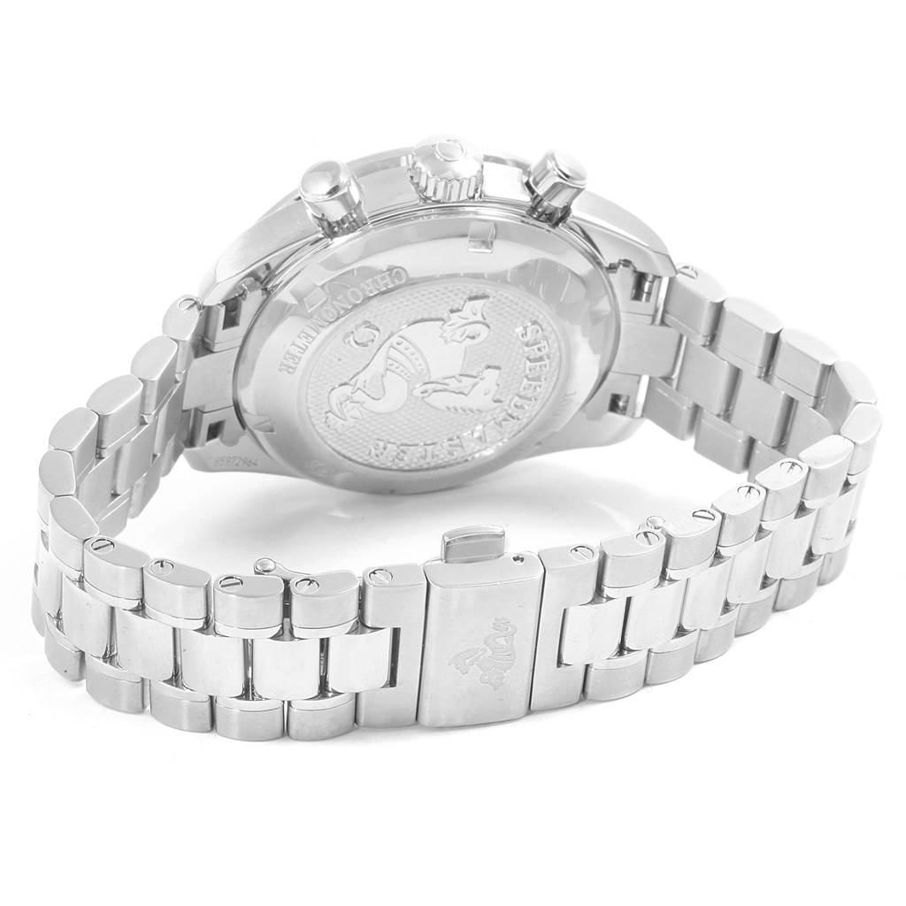 This image shows the back and bracelet of an Omega Speedmaster 324.30.38.40.06.001 Men
s Stainless Steel Grey Dial 324.30.38.40.06.001 Men
s Stainless Steel Grey Dial watch at a slight side angle.