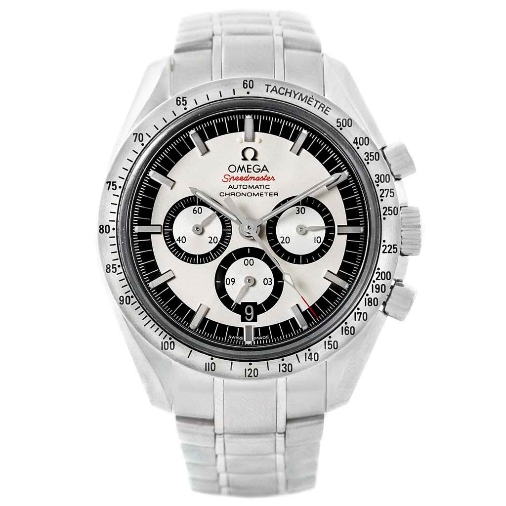 The image shows a front view of an Omega Speedmaster 3506.31.00 Men's Stainless Steel Silver Dial 3506.31.00 Men's Stainless Steel Silver Dial watch displaying the dial, tachymeter bezel, subdials, and bracelet.