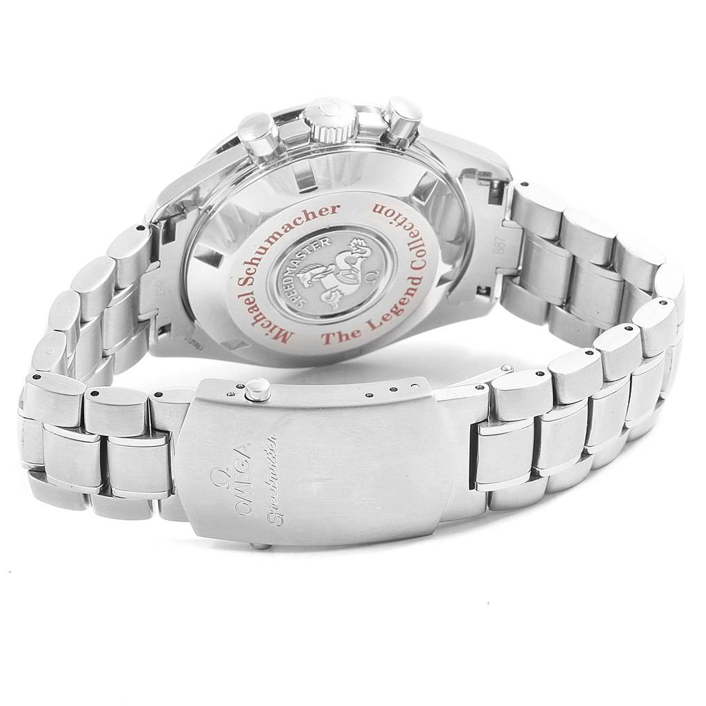The image shows the backside and bracelet clasp of an Omega Speedmaster 3506.31.00 Men's Stainless Steel Silver Dial 3506.31.00 Men's Stainless Steel Silver Dial watch, highlighting the engravings and metal band.