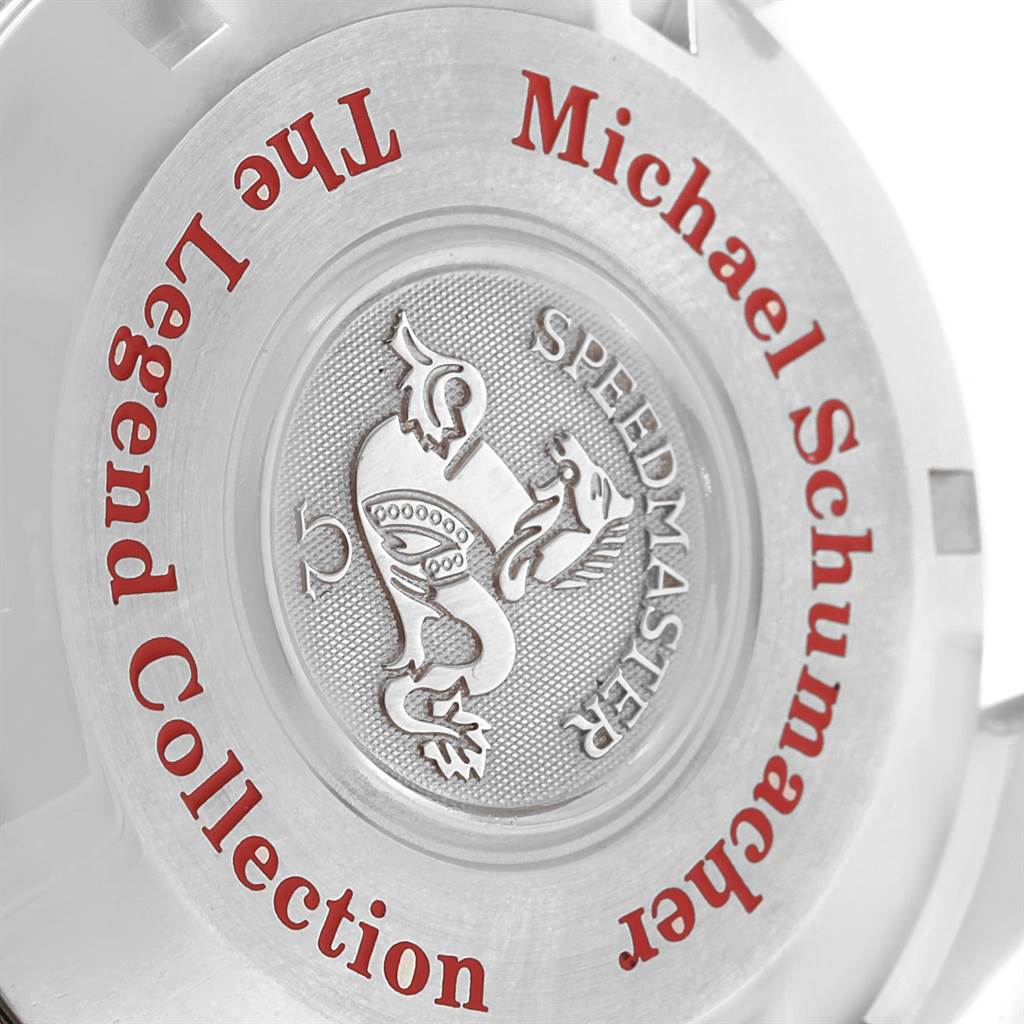 This image shows the case back of an Omega Speedmaster 3506.31.00 Men's Stainless Steel Silver Dial 3506.31.00 Men's Stainless Steel Silver Dial "Michael Schumacher The Legend Collection" watch.