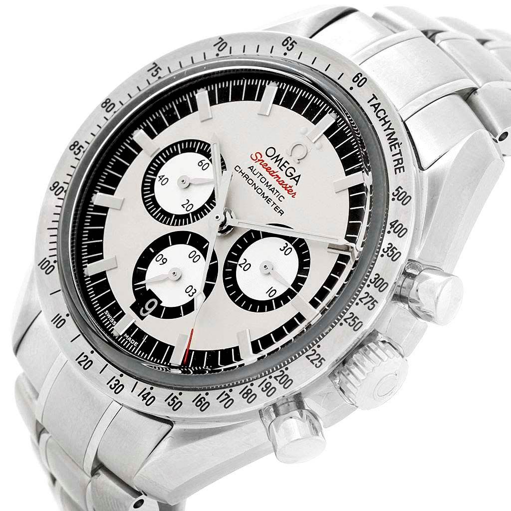 This Omega Speedmaster 3506.31.00 Men's Stainless Steel Silver Dial 3506.31.00 Men's Stainless Steel Silver Dial watch is shown from an angled close-up, highlighting the face, bezel, and part of the stainless steel bracelet.