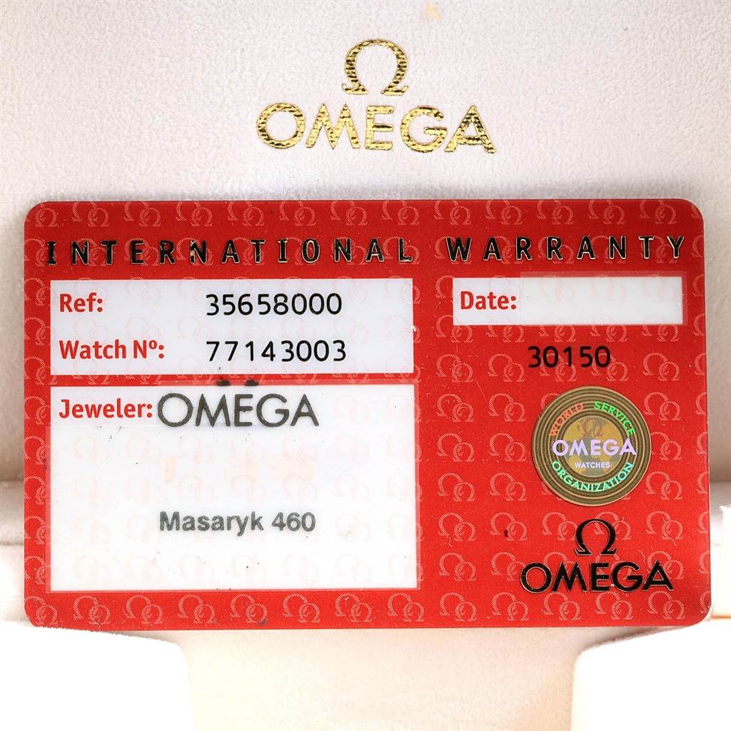 The image shows the international warranty card for the Omega Speedmaster 3565.80.00 Men's Stainless Steel Blue Dial 3565.80.00 Men's Stainless Steel Blue Dial watch.