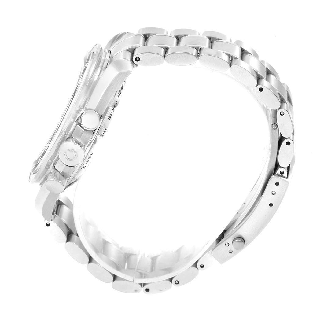 The image shows the side profile of an Omega Speedmaster 3565.80.00 Men's Stainless Steel Blue Dial 3565.80.00 Men's Stainless Steel Blue Dial watch, highlighting the case, crown, pushers, and metal bracelet.