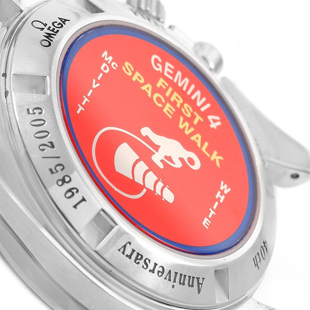 The image shows the case back of an Omega Speedmaster 3565.80.00 Men's Stainless Steel Blue Dial 3565.80.00 Men's Stainless Steel Blue Dial watch, featuring the Gemini 4 First Space Walk design and anniversary engraving.