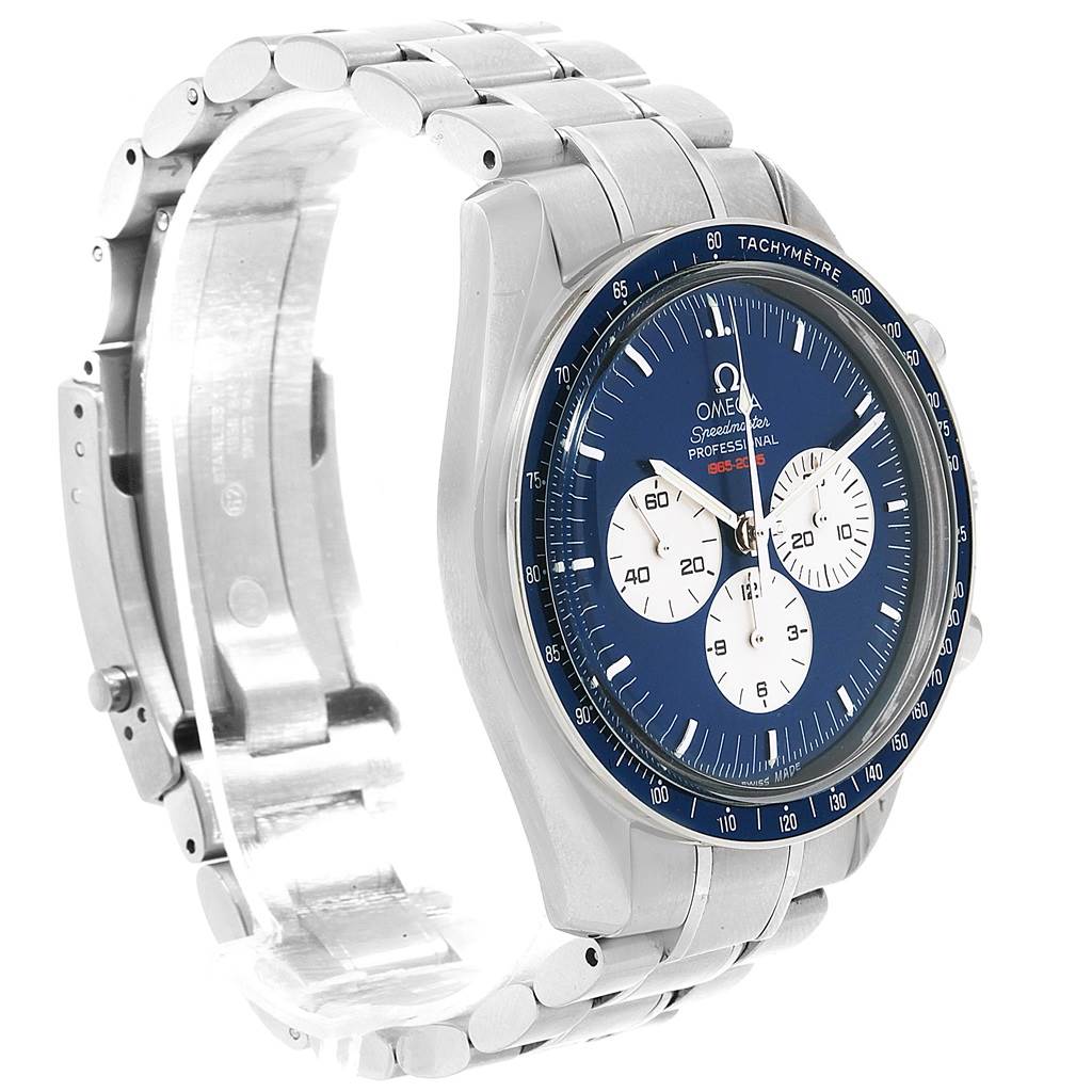 The Omega Speedmaster 3565.80.00 Men's Stainless Steel Blue Dial 3565.80.00 Men's Stainless Steel Blue Dial watch is shown from a left-side angle, displaying the face and stainless steel bracelet.