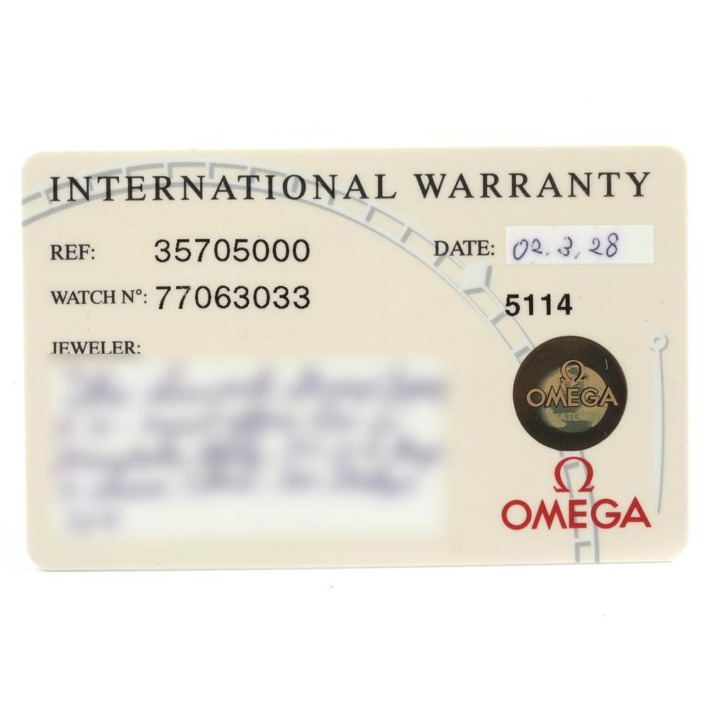 This image shows the international warranty card for the Omega Speedmaster 3570.50.00 Men
s Stainless Steel Black Dial 3570.50.00 Men
s Stainless Steel Black Dial watch, displaying reference and watch numbers.