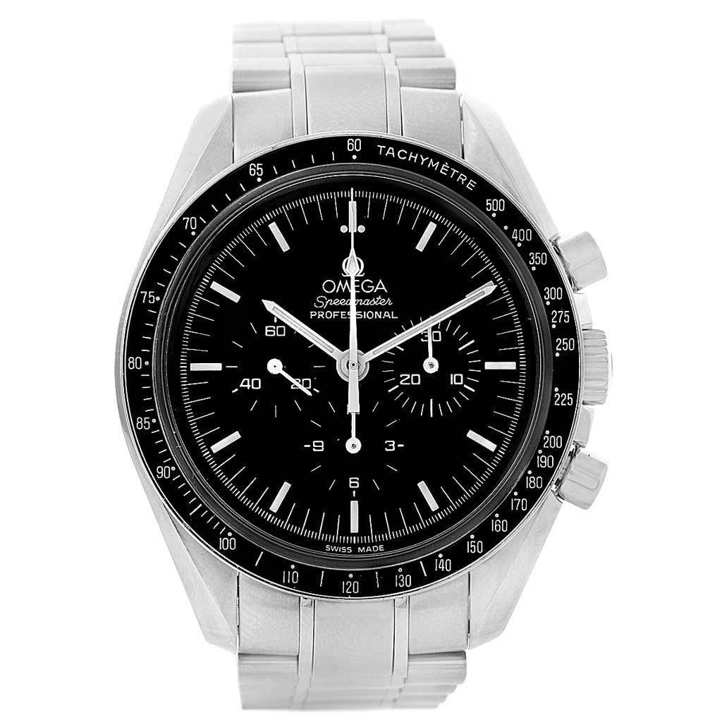 This image shows an Omega Speedmaster 3570.50.00 Men
s Stainless Steel Black Dial 3570.50.00 Men
s Stainless Steel Black Dial watch from a frontal angle, highlighting its dial, bezel, and bracelet.