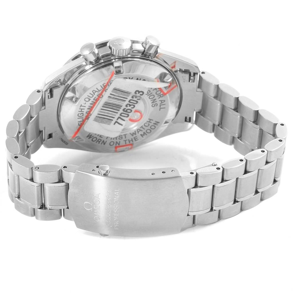 The image shows the back case, crown, pushers, and metal bracelet of the Omega Speedmaster 3570.50.00 Men
s Stainless Steel Black Dial 3570.50.00 Men
s Stainless Steel Black Dial watch from a rear angle.