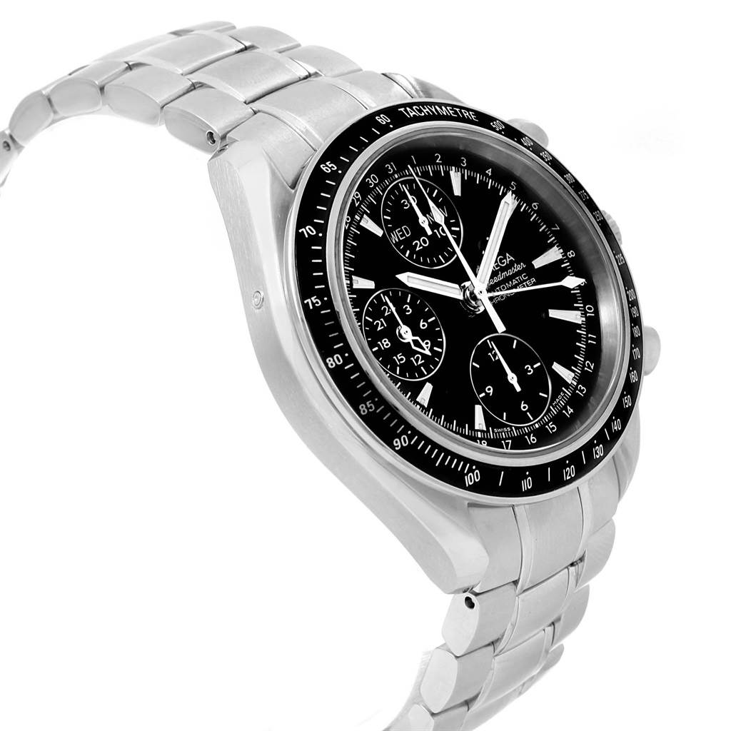 The image shows an Omega Speedmaster 3220.50.00 Men
s Stainless Steel Black Dial 3220.50.00 Men
s Stainless Steel Black Dial watch at an angled side view, highlighting its stainless steel bracelet and black dial.