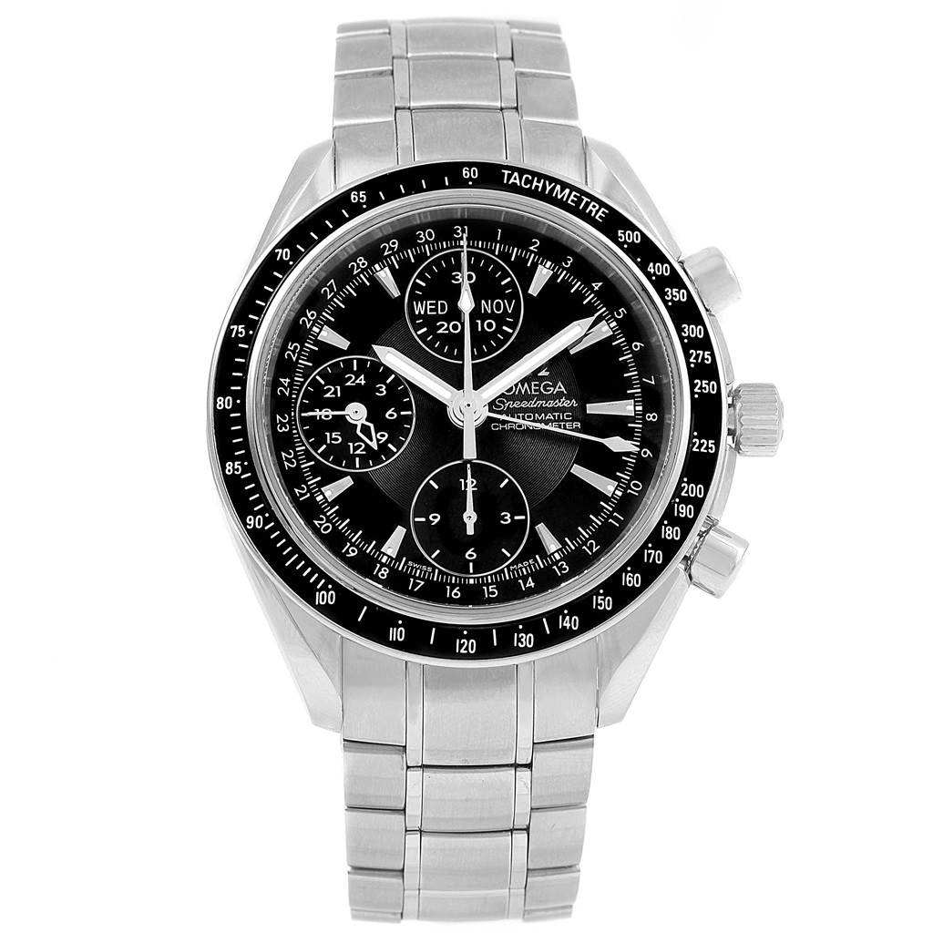 The Omega Speedmaster 3220.50.00 Men
s Stainless Steel Black Dial 3220.50.00 Men
s Stainless Steel Black Dial watch is shown from a front angle, highlighting its black dial, tachymeter bezel, and stainless steel bracelet.
