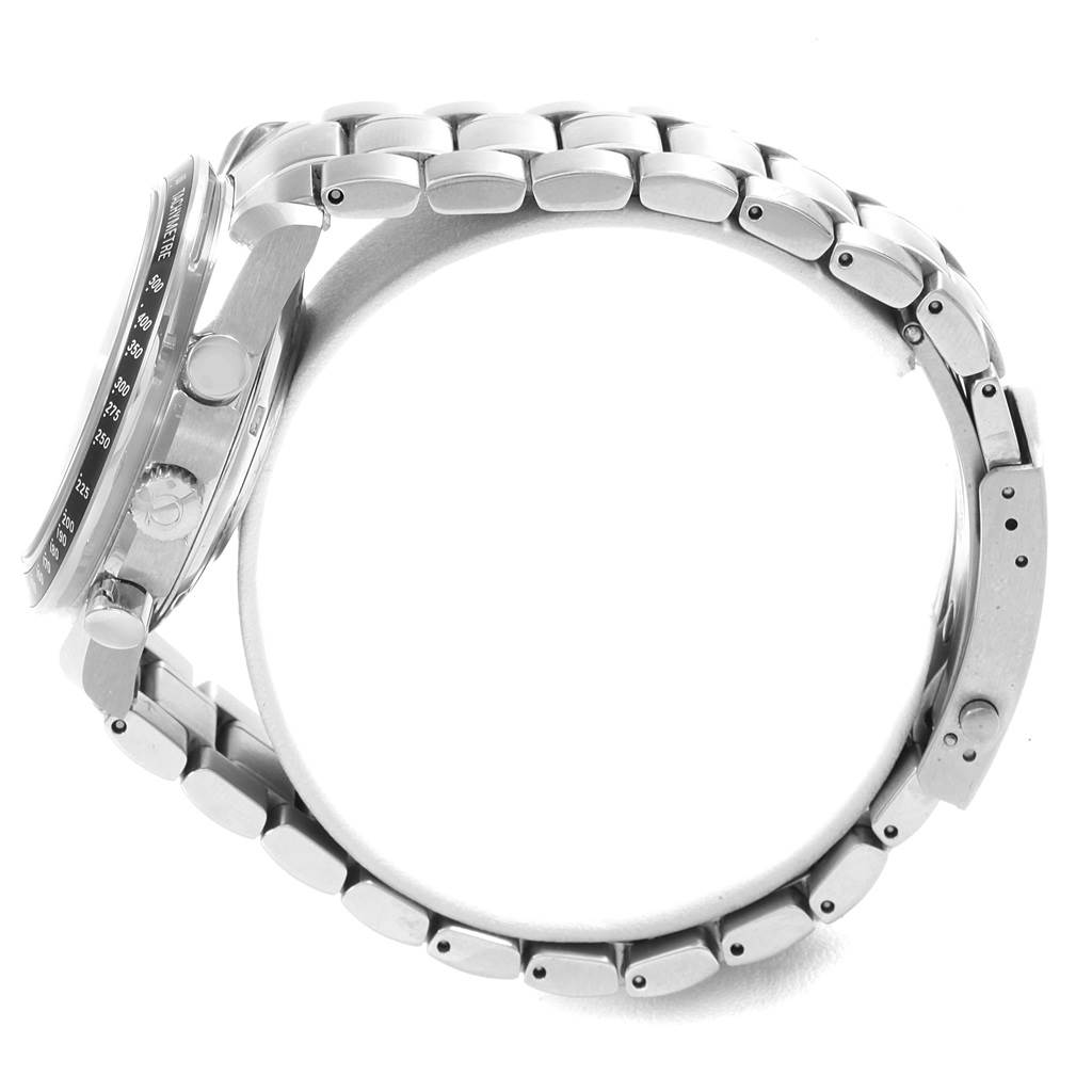 The image shows a side view of the Omega Speedmaster 3220.50.00 Men
s Stainless Steel Black Dial 3220.50.00 Men
s Stainless Steel Black Dial watch and its metal bracelet, including the bezel, crown, and pushers.