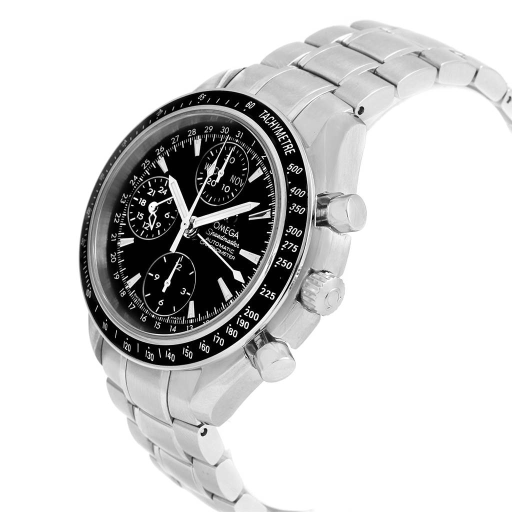 The Omega Speedmaster 3220.50.00 Men
s Stainless Steel Black Dial 3220.50.00 Men
s Stainless Steel Black Dial watch is shown at a three-quarter angle, highlighting the face, bezel, crown, pushers, and metal bracelet.