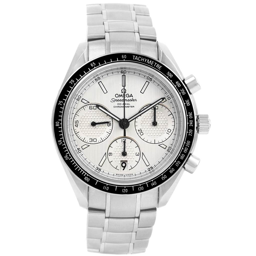 This image shows a frontal view of the Omega Speedmaster 326.30.40.50.02.001 Men
s Stainless Steel Silver Dial 326.30.40.50.02.001 Men
s Stainless Steel Silver Dial watch, displaying its face, bezel, and bracelet.