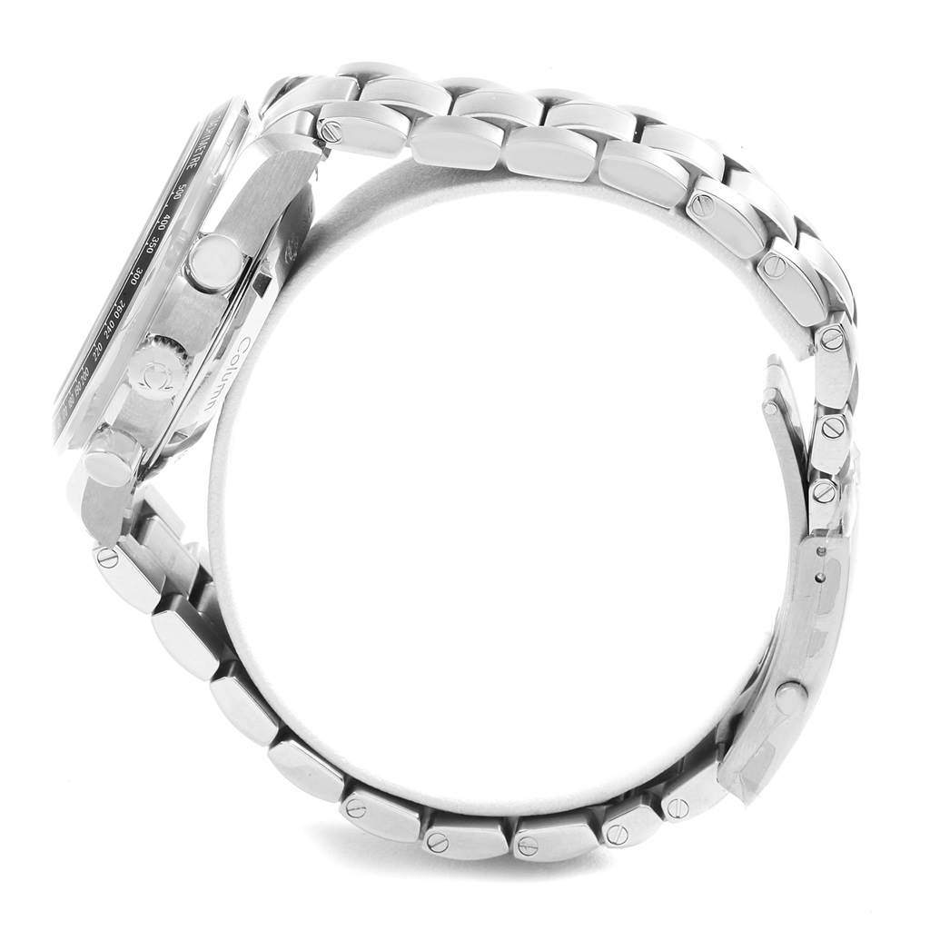 The image shows a side profile of an Omega Speedmaster 326.30.40.50.02.001 Men
s Stainless Steel Silver Dial 326.30.40.50.02.001 Men
s Stainless Steel Silver Dial watch highlighting its stainless steel bracelet and case.