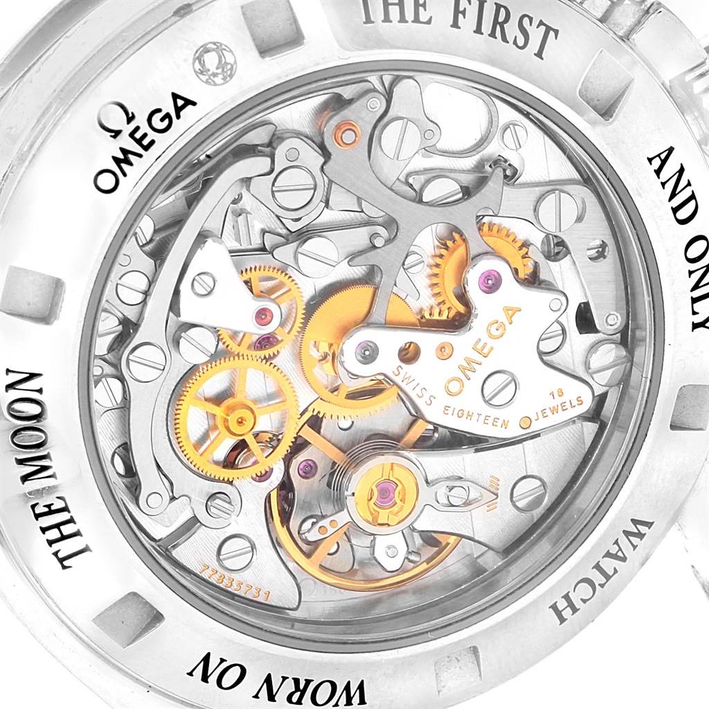 The image shows the inner mechanism and movement of an Omega Speedmaster 3573.50.00 Men
s Stainless Steel Black Dial 3573.50.00 Men
s Stainless Steel Black Dial watch from a back case angle.