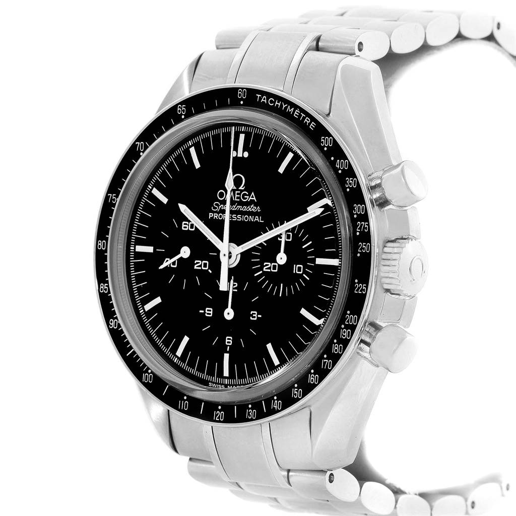 The image shows a side view of the Omega Speedmaster 3573.50.00 Men
s Stainless Steel Black Dial 3573.50.00 Men
s Stainless Steel Black Dial, highlighting its black dial, chronograph subdials, and stainless steel bracelet.
