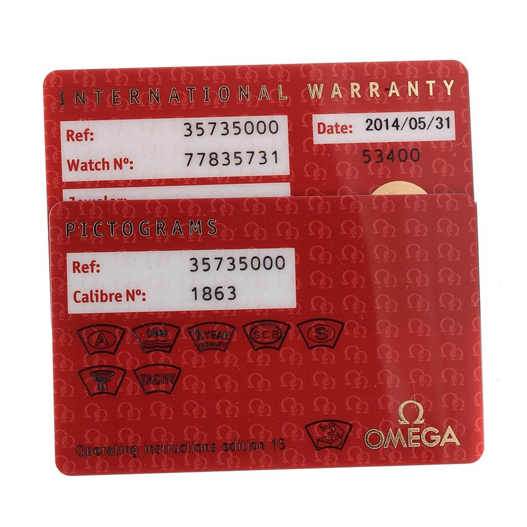This image shows the international warranty and pictogram cards for an Omega Speedmaster 3573.50.00 Men
s Stainless Steel Black Dial 3573.50.00 Men
s Stainless Steel Black Dial watch.