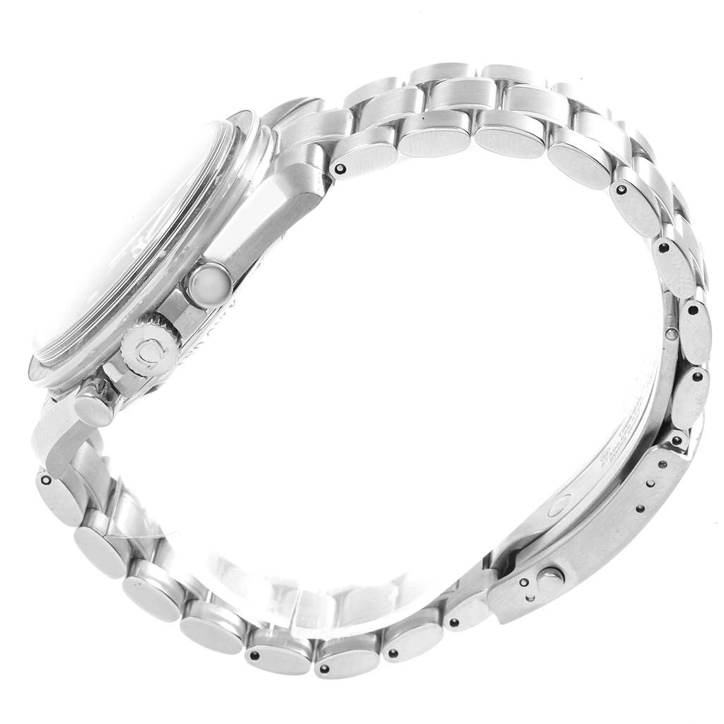 The image shows a side view of the Omega Speedmaster 3573.50.00 Men
s Stainless Steel Black Dial 3573.50.00 Men
s Stainless Steel Black Dial watch, highlighting the bracelet, crown, and pushers.