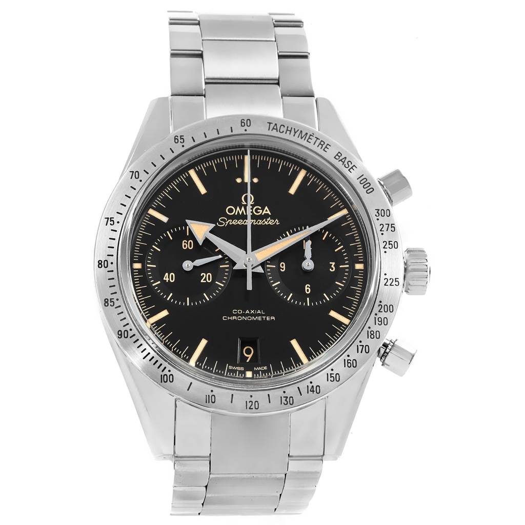 This Omega Speedmaster 331.10.42.51.01.002 Men's Stainless Steel Black Dial 331.10.42.51.01.002 Men's Stainless Steel Black Dial watch is shown from a front angle, highlighting its face, bezel, and stainless steel bracelet.