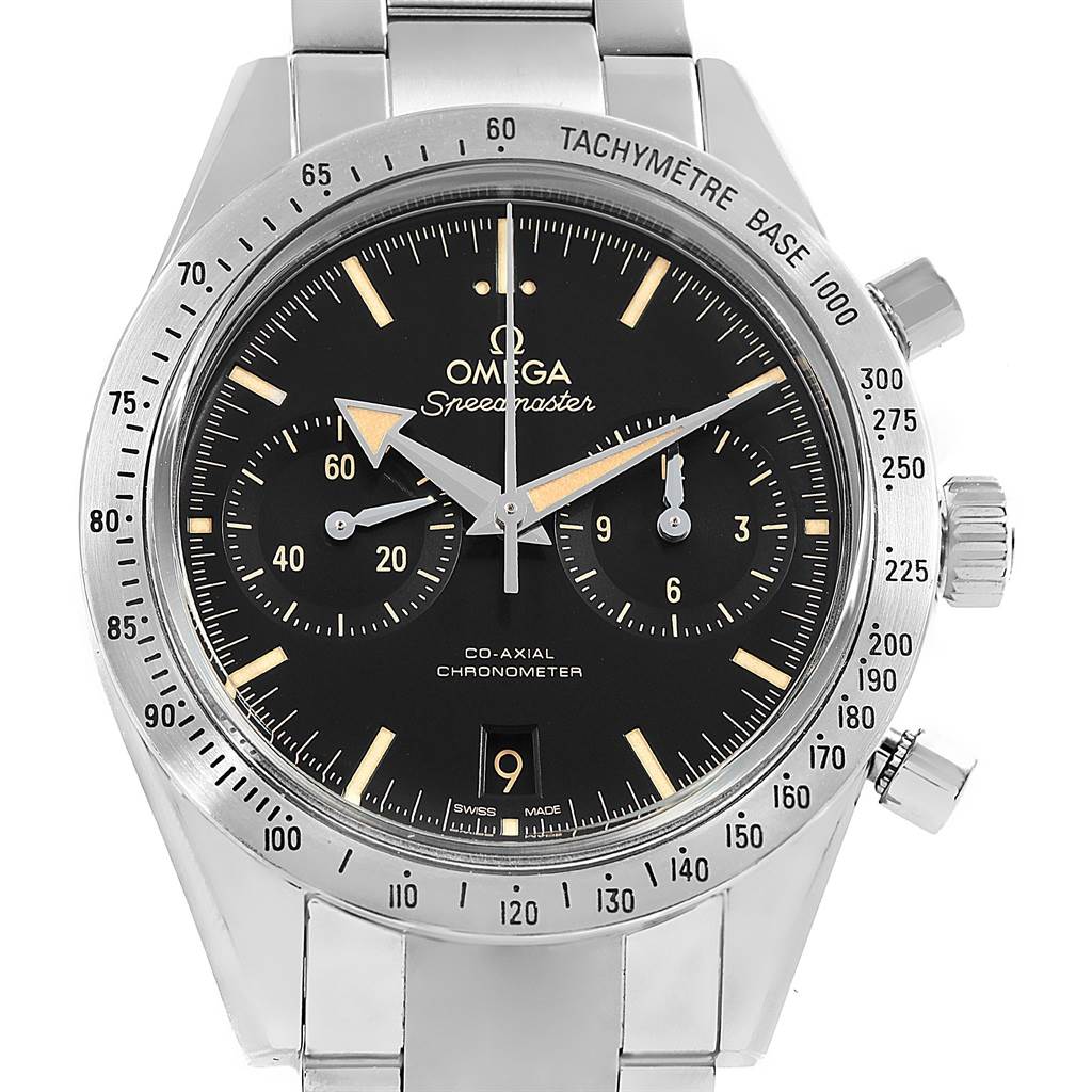 The image shows a close-up front view of an Omega Speedmaster 331.10.42.51.01.002 Men's Stainless Steel Black Dial 331.10.42.51.01.002 Men's Stainless Steel Black Dial watch, displaying the dial, bezel, crown, and chronograph buttons.