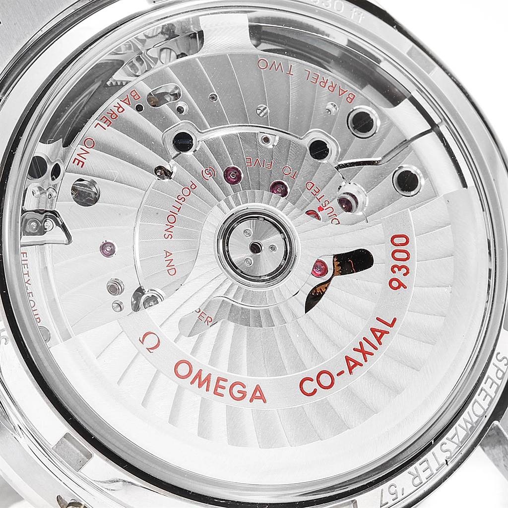 The image shows the back view of the Omega Speedmaster 331.10.42.51.01.002 Men's Stainless Steel Black Dial 331.10.42.51.01.002 Men's Stainless Steel Black Dial, highlighting its Co-Axial 9300 movement.