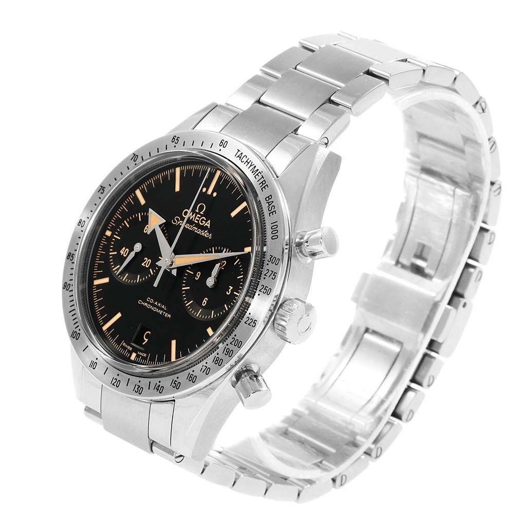 The Omega Speedmaster 331.10.42.51.01.002 Men's Stainless Steel Black Dial 331.10.42.51.01.002 Men's Stainless Steel Black Dial watch is shown at a three-quarter angle, displaying the face, bezel, pushers, and bracelet.