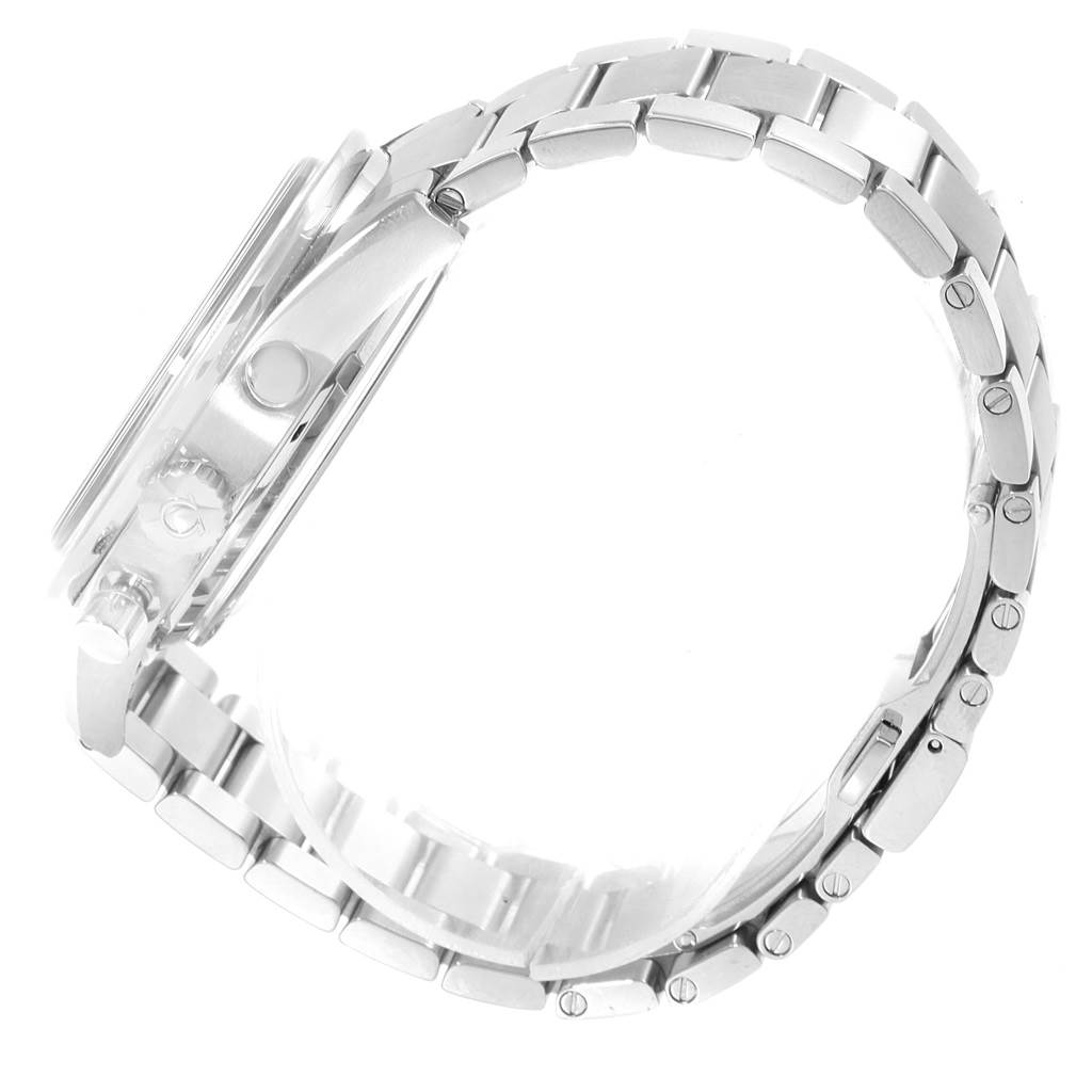 The image shows a side profile view of an Omega Speedmaster 331.10.42.51.01.002 Men's Stainless Steel Black Dial 331.10.42.51.01.002 Men's Stainless Steel Black Dial watch highlighting the case, buttons, and metal bracelet.