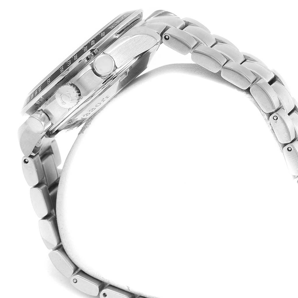 This image shows the side view of the Omega Speedmaster 3210.52.00 Men
s Stainless Steel Black Dial 3210.52.00 Men
s Stainless Steel Black Dial watch, highlighting its case, crown, and part of the metal bracelet.