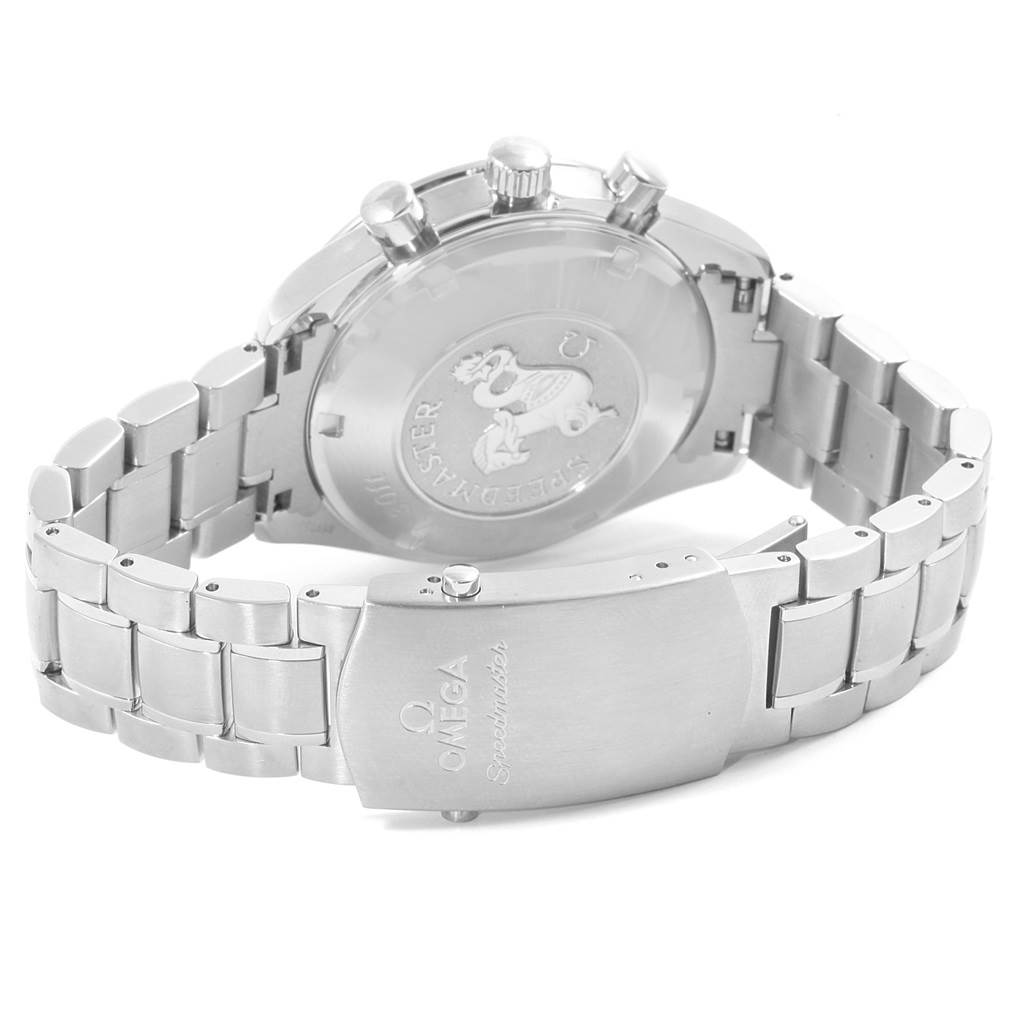 The Omega Speedmaster 3210.52.00 Men
s Stainless Steel Black Dial 3210.52.00 Men
s Stainless Steel Black Dial watch is shown from the rear and side, highlighting the clasp, bracelet, and case back.