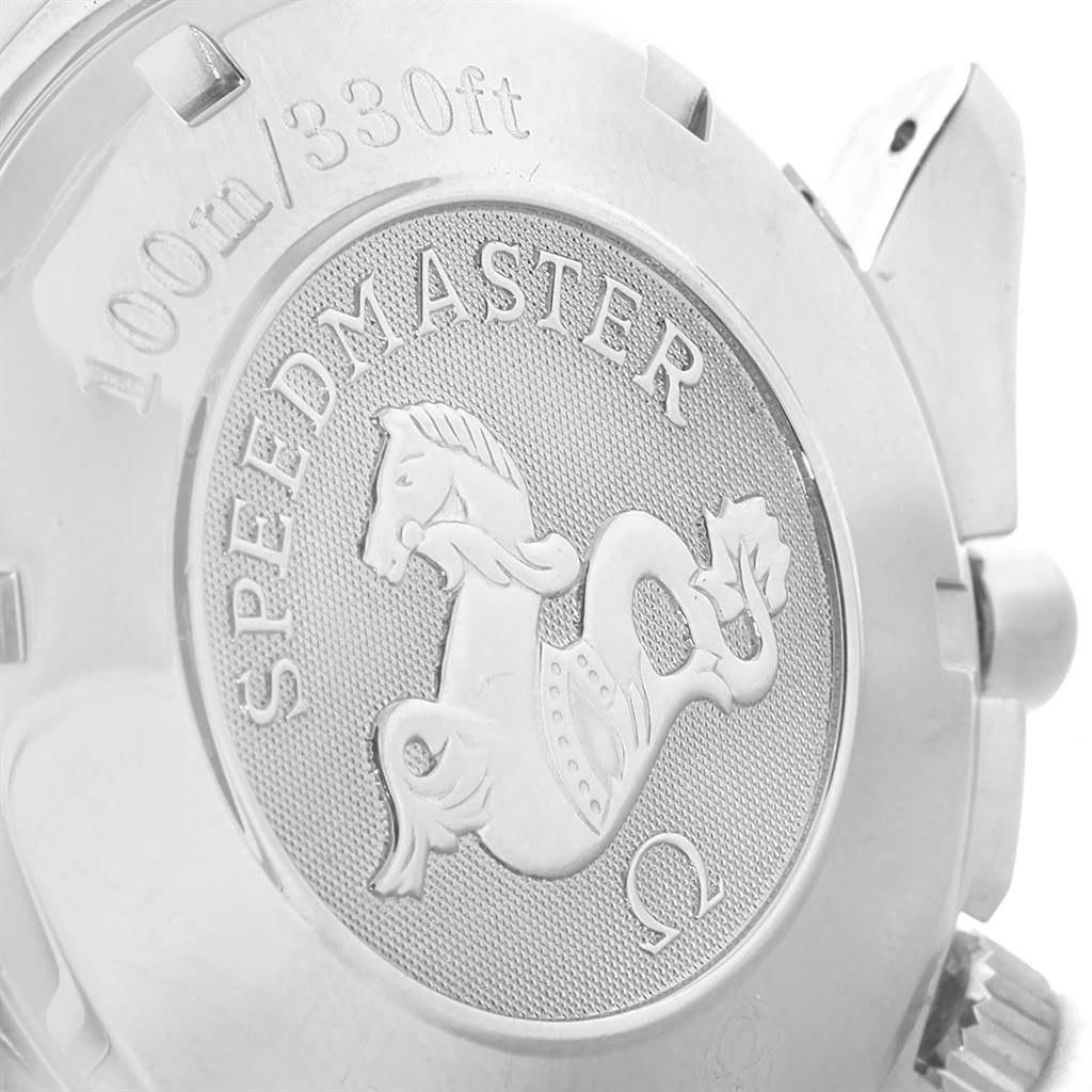 This image shows the case back of an Omega Speedmaster 3210.52.00 Men
s Stainless Steel Black Dial 3210.52.00 Men
s Stainless Steel Black Dial watch, featuring engraved branding and a seahorse logo.