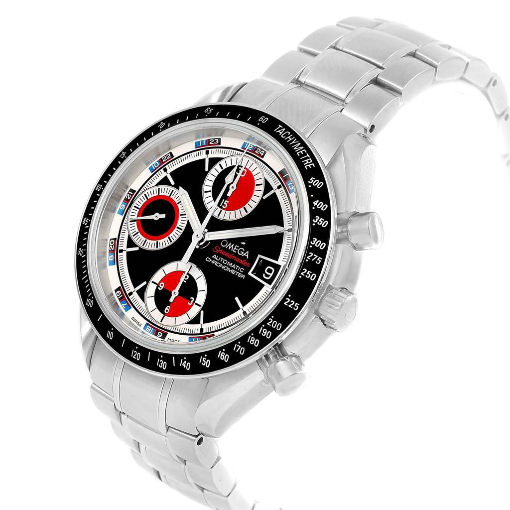 The Omega Speedmaster 3210.52.00 Men
s Stainless Steel Black Dial 3210.52.00 Men
s Stainless Steel Black Dial watch is shown from a three-quarter angle, displaying its face, bezel, pushers, and bracelet.