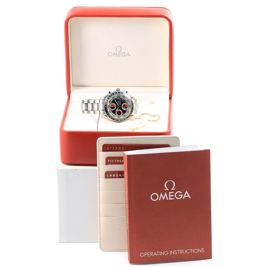 The Omega Speedmaster 3210.52.00 Men
s Stainless Steel Black Dial 3210.52.00 Men
s Stainless Steel Black Dial watch is shown in its open box with accompanying documentation, viewed from the front.