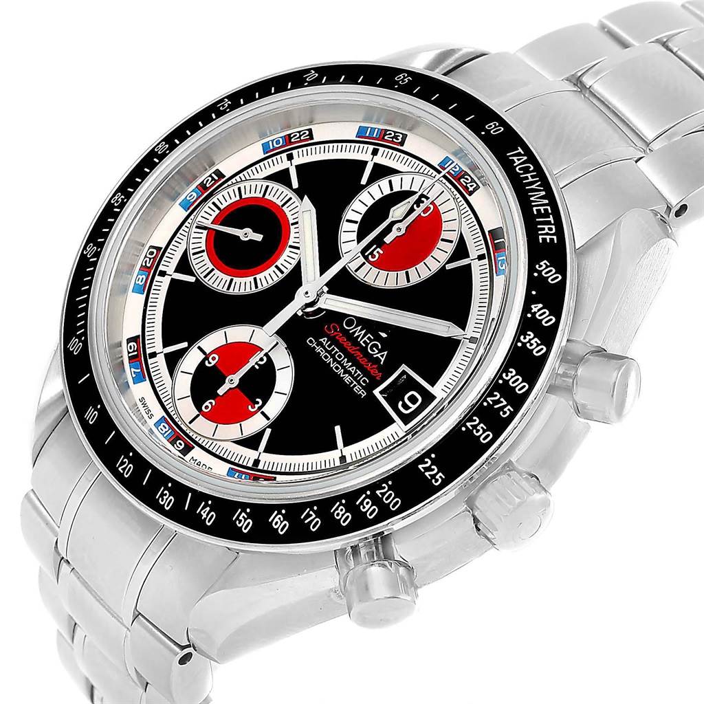 The Omega Speedmaster 3210.52.00 Men
s Stainless Steel Black Dial 3210.52.00 Men
s Stainless Steel Black Dial watch is displayed at an angled top view, highlighting the face, bezel, and metallic band.