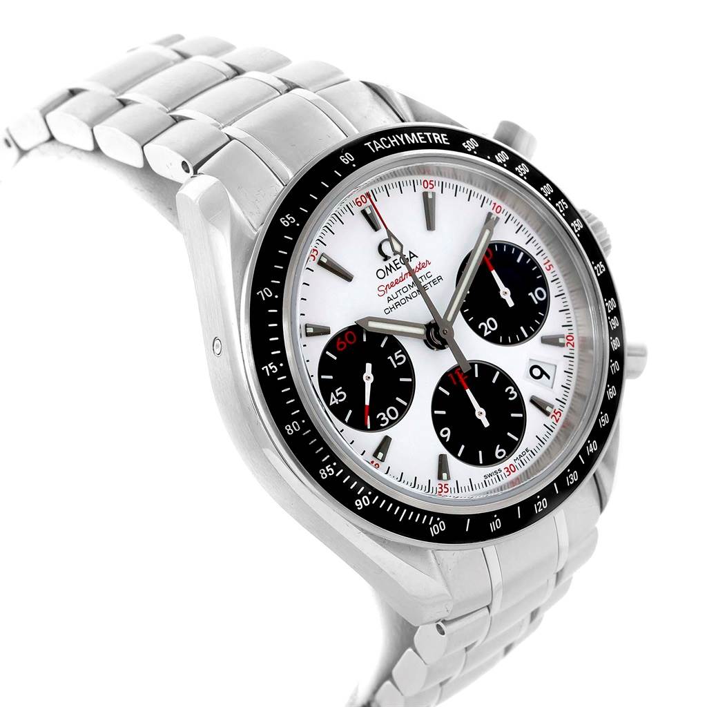 This image shows an Omega Speedmaster 323.30.40.40.04.001 Men's Stainless Steel White Dial 323.30.40.40.04.001 Men's Stainless Steel White Dial watch at an oblique angle, highlighting the bracelet, dial, and tachymeter bezel.