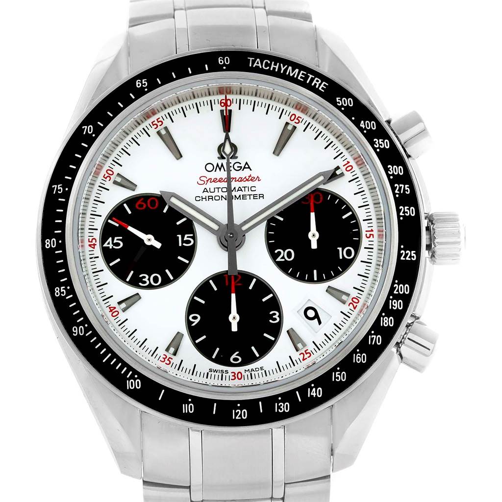 The image shows a front view of an Omega Speedmaster 323.30.40.40.04.001 Men's Stainless Steel White Dial 323.30.40.40.04.001 Men's Stainless Steel White Dial watch, highlighting the dial, chronograph subdials, tachymeter bezel, and pushers.