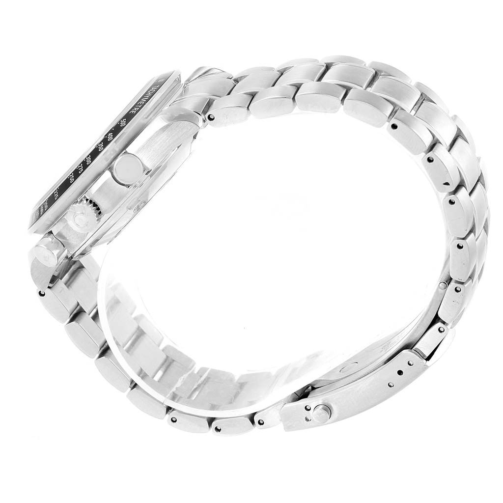 The image shows a side view of an Omega Speedmaster 323.30.40.40.04.001 Men's Stainless Steel White Dial 323.30.40.40.04.001 Men's Stainless Steel White Dial watch, highlighting its stainless steel bracelet and chronograph pushers.