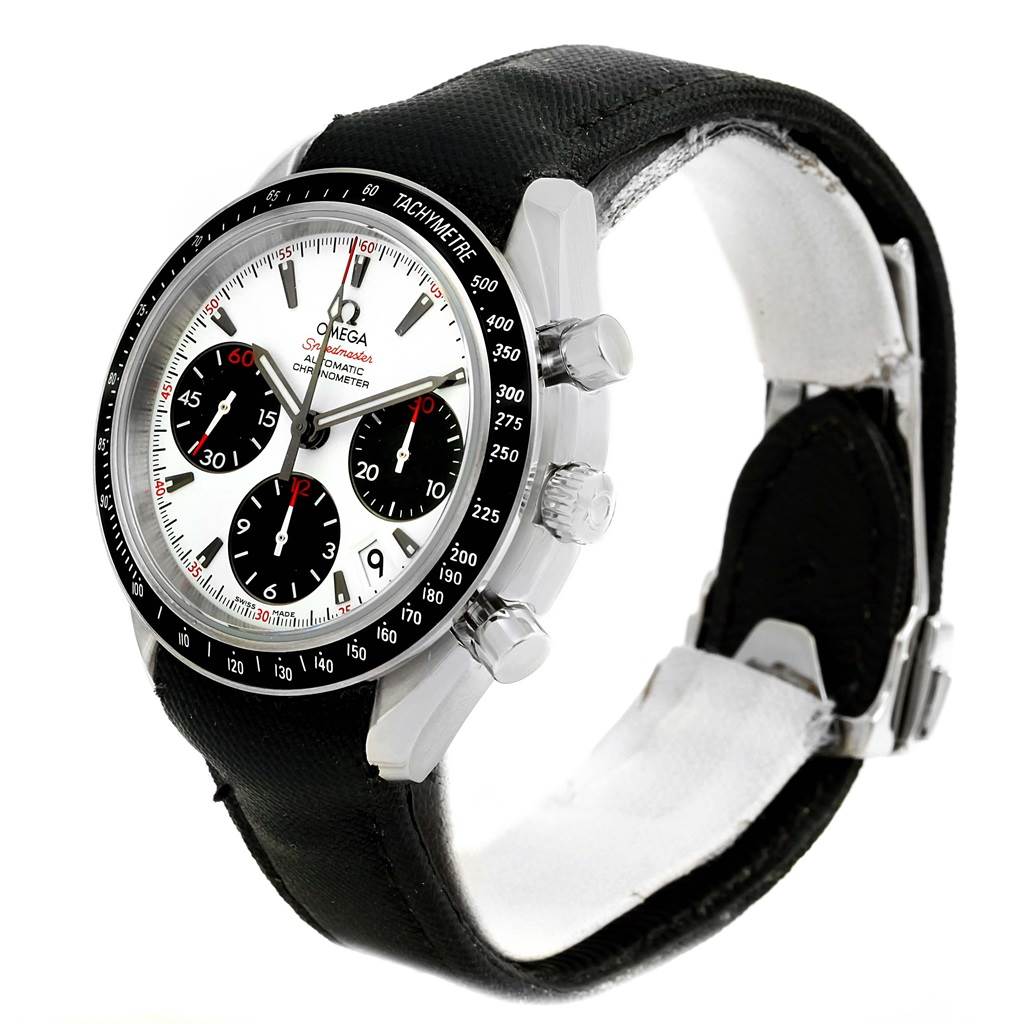 The image shows a side angle of the Omega Speedmaster 323.32.40.40.04.001 Men
s Stainless Steel White Dial 323.32.40.40.04.001 Men
s Stainless Steel White Dial watch, highlighting the face, chronograph, tachymeter bezel, crown, and pushers.