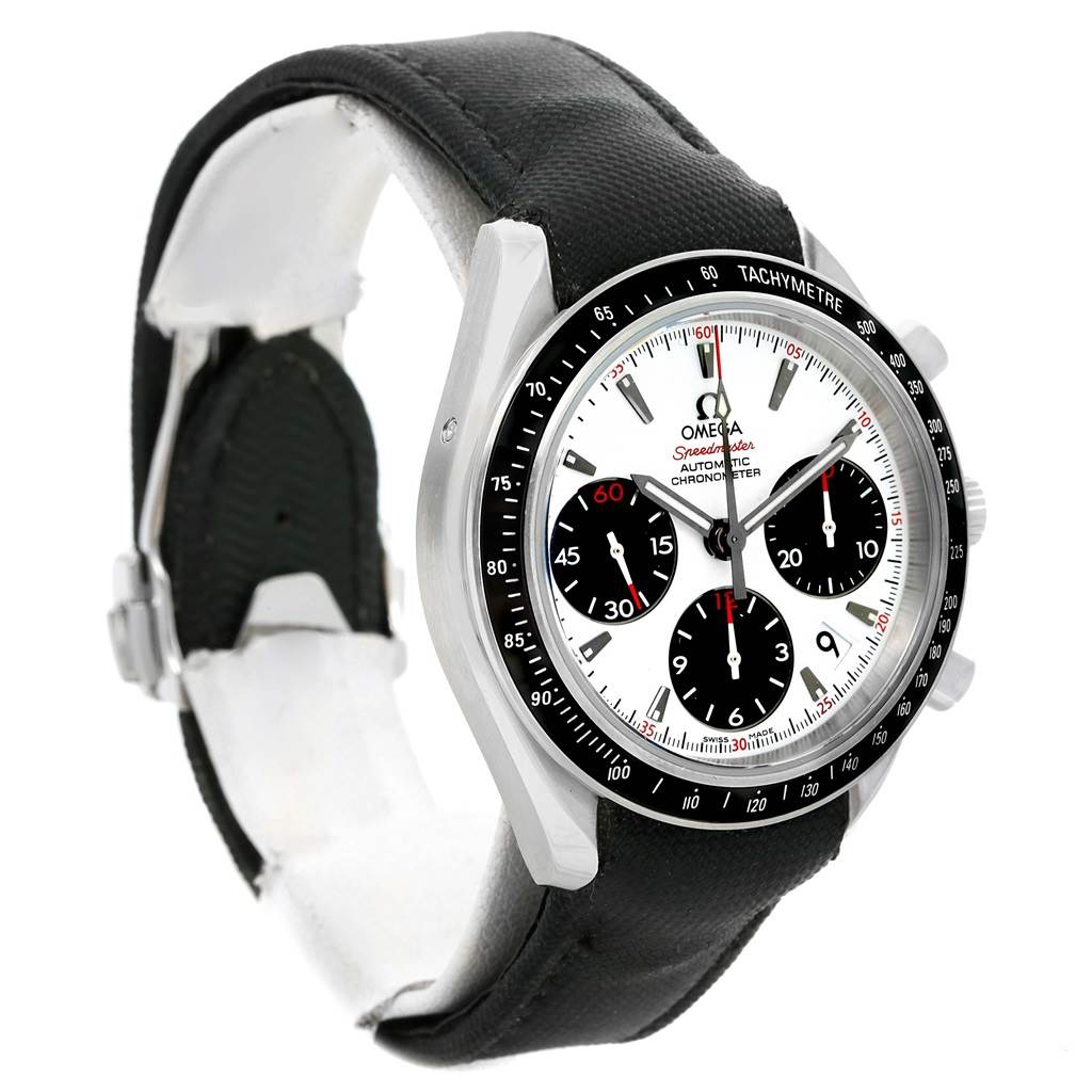 The Omega Speedmaster 323.32.40.40.04.001 Men
s Stainless Steel White Dial 323.32.40.40.04.001 Men
s Stainless Steel White Dial watch is shown at a three-quarter angle, highlighting the black leather strap, bezel, and the white dial with black subdials.